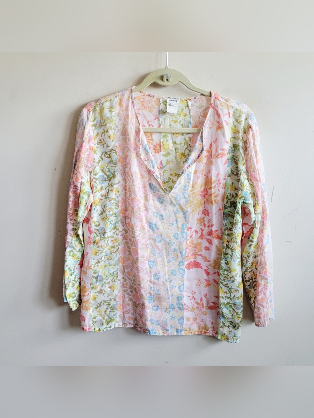 Hartford Pastel Patchwork V-Neck Top in Pink, Blue, Green